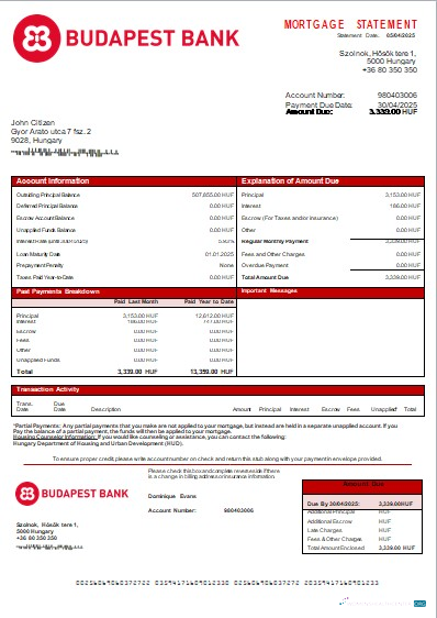 Download Hungary Budapest Bank – Szolnoki Fiók bank mortgage statement scr Photoshop template